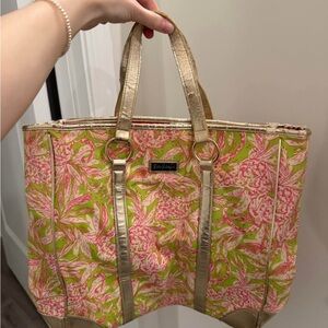 Lilly Pulitzer Vibrant Pink and Green Tote with Gold Accents
